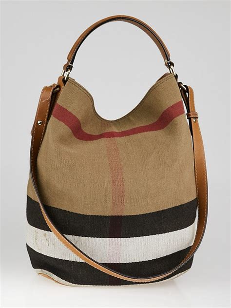 Saddle Brown Leather Canvas Check Medium Susanna Bucket 